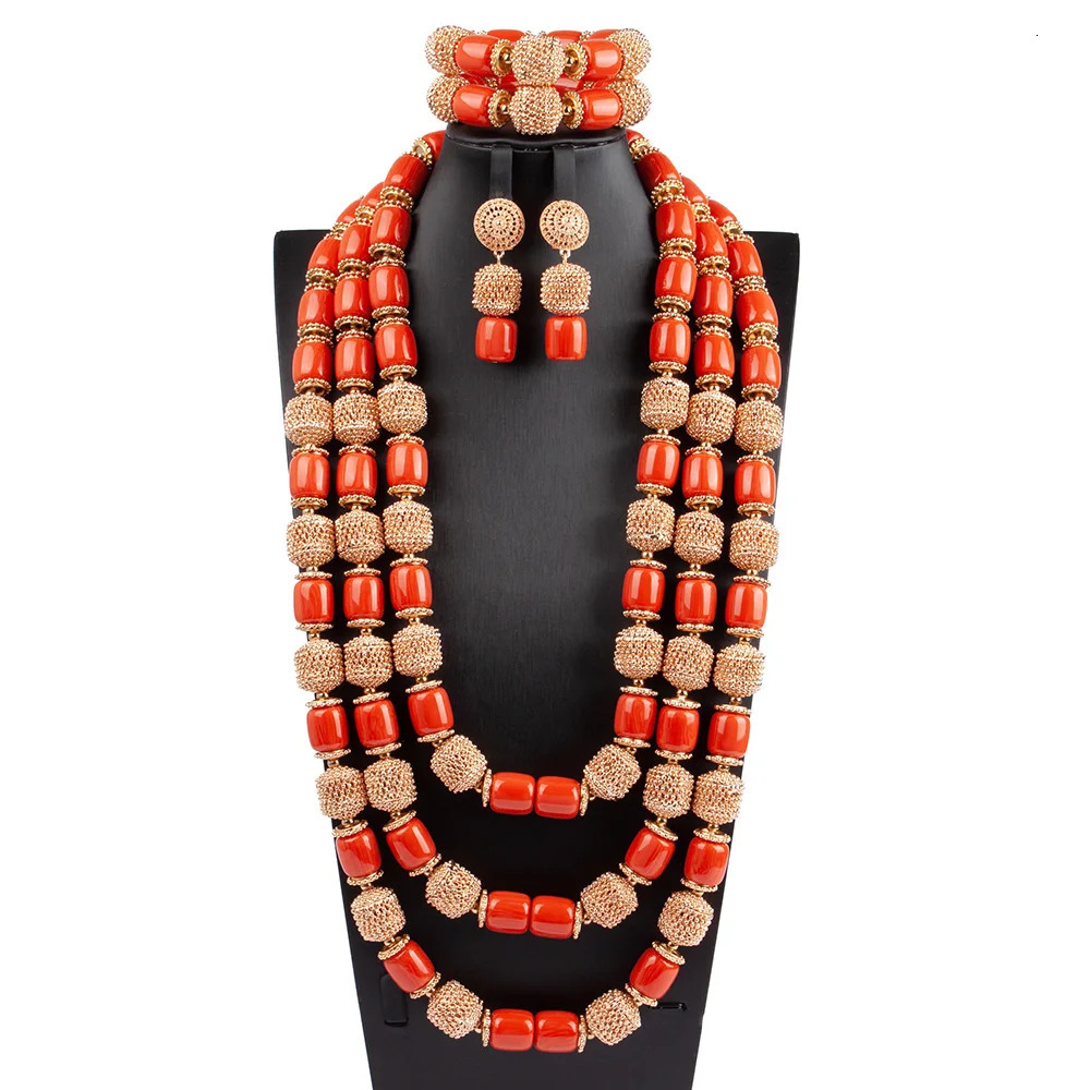 Fashionable 3-layer womens necklace earring bracelet set African Nigerian wedding artificial coral bead jewelry set free delivery 241031
