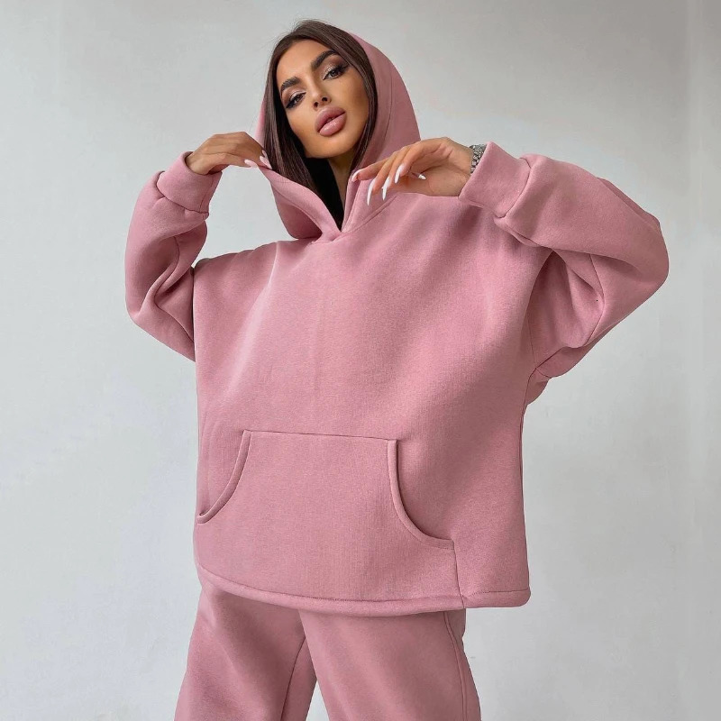Autumn Hooded Pocket Sweatshirt Suit Womens Chic Streetwear Loose Wide Leg Pants Sweatshirts 2pcs Set Tracksuit Outfit 241029