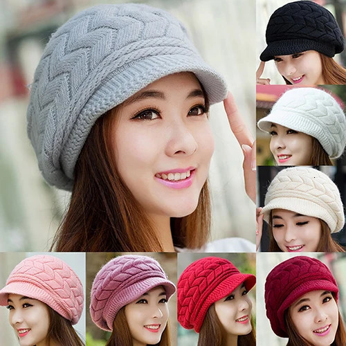 Womens Winter Solid Color Warm Knit Loose Beret Casual Ski Hat Korean Version ed Plus Velvet Thick Ear Guards 241031
