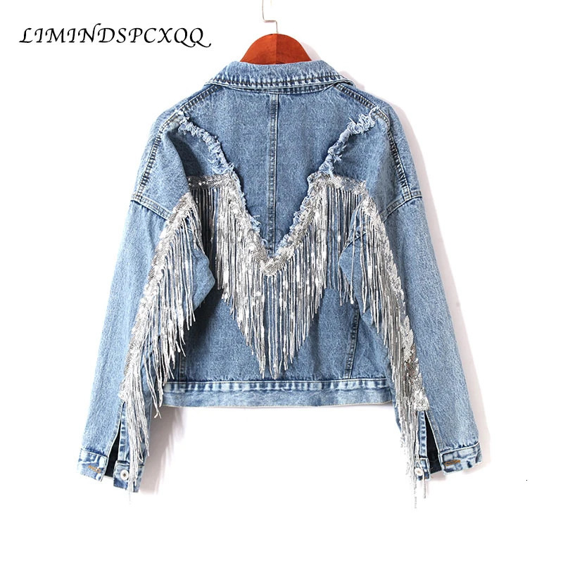 Autumn Heavy Work Fringed Sequins Retro-washed Denim Jacket Women Short Jeans Jackets Coat Students Woman Clothes 241031