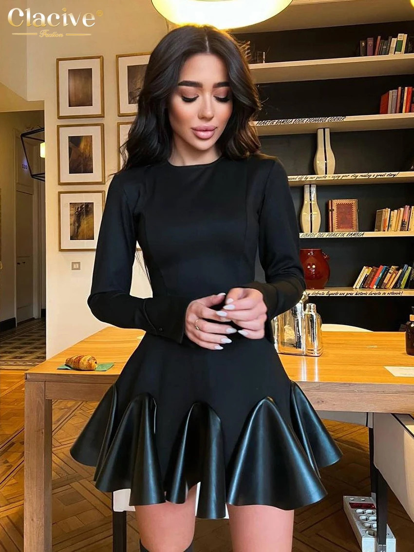Clacive Bodycon Black Knitted Women Dress Fashion O-Neck Long Sleeve Office Mini Dresses Elegnat Patchwork Pleated Female Dress 241031