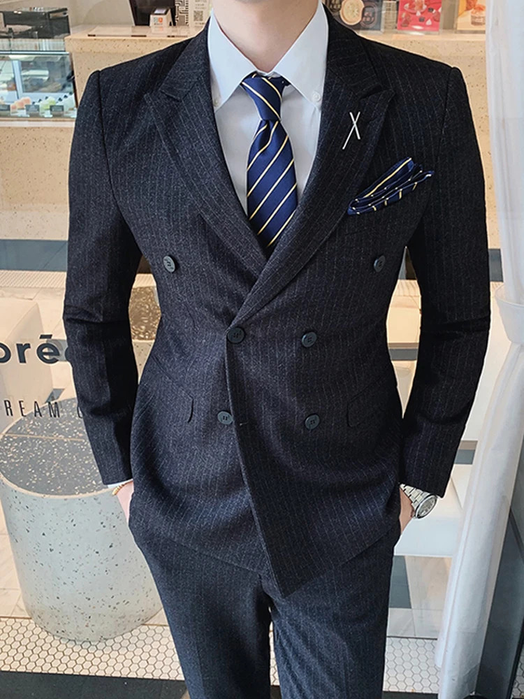 S-7Xl ( Blazer Vest + Pants ) Striped Plaid Solid Color Mens Formal Business Suit 3Pcs Set Groom Wedding Social Show Dress