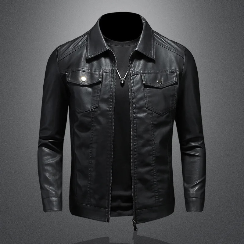 Mens lapel leather jacket autumn oversized slim motorcycle riding suit winter thickened PU waterproof work clothes 241031