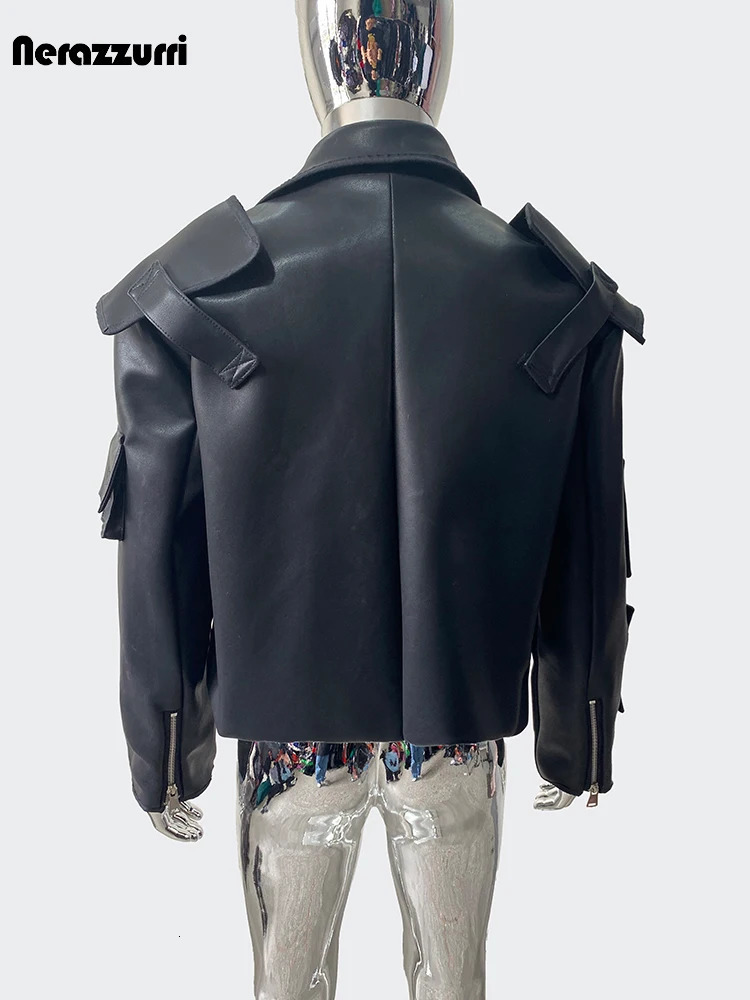 Obsidian Spring Autumn Cool Emojis Hard Short Black Pu Leather Jacket Mens Jacket with 3D Pocket Zipper 241031