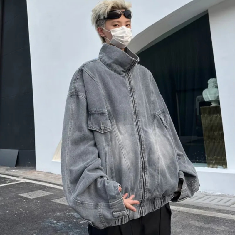 PFNW Washed Inverted Denim Jacket American Vintage Workwear Zipper Lapel Mens Trendy Oversize Coat Autumn 12C1140 241031