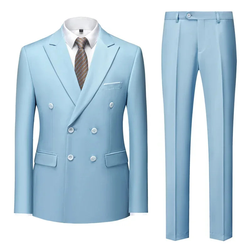 2023 Fashion Mens Casual Boutique Double Breasted Suit Trousers Mans Business Jacket Blazers Coat Pants 2 Pcs Set 241031