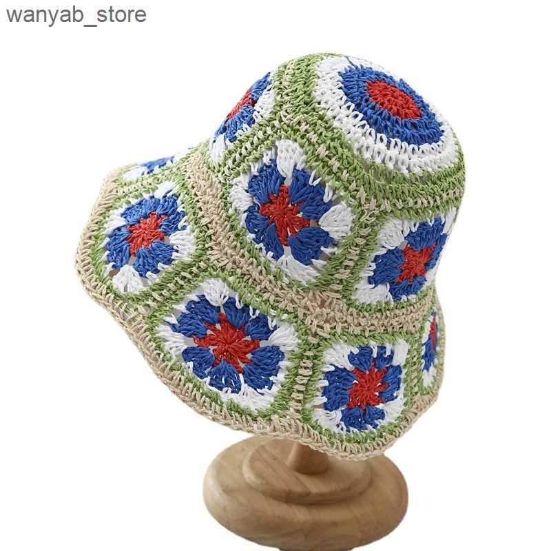 Wide Brim Hats Bucket Hats Japan Korea Crochet Beach Straw Hat For Women Summer Flowers Hand-woven Cap Outside Beach Sunshade Breathable Bucket Hats L