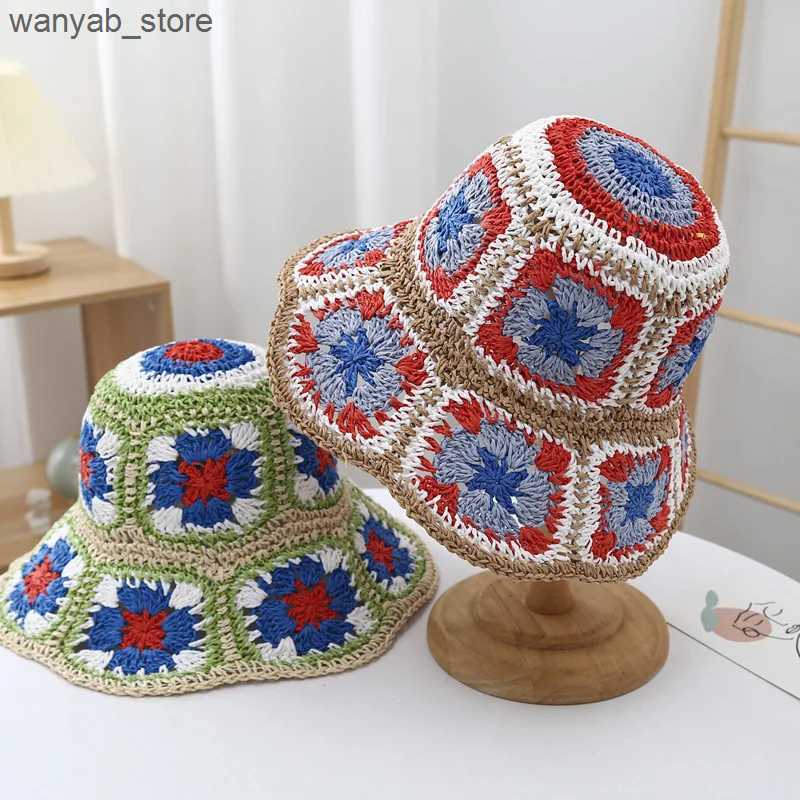 Wide Brim Hats Bucket Hats Japan Korea Crochet Beach Straw Hat For Women Summer Flowers Hand-woven Cap Outside Beach Sunshade Breathable Bucket Hats L