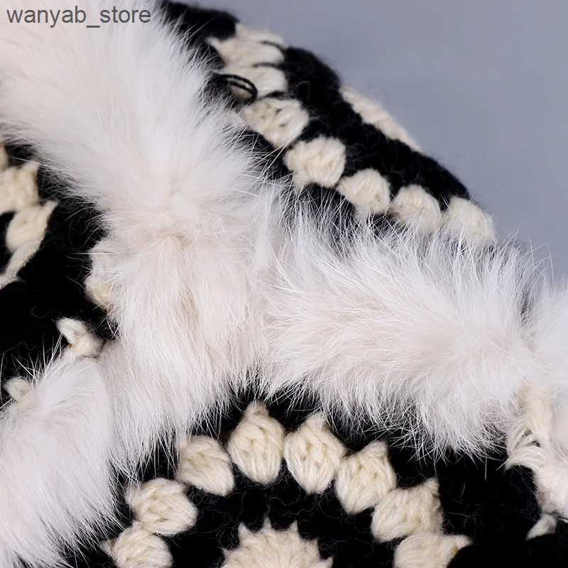 Wide Brim Hats Bucket Hats Stylish Crochet Bucket Hat Women Winter Rabbit Fur Warm Cute Plush Cap Big Head Casual Knitted Fishermans Caps Fashion Pana