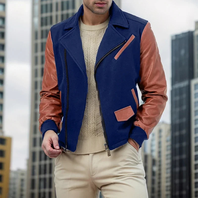 Autumn Winter Mens Casual Sports Loose Stand Collar PU Leather Color block Jacket Streetwear Fashion Zipup Lapel Jackets 241031