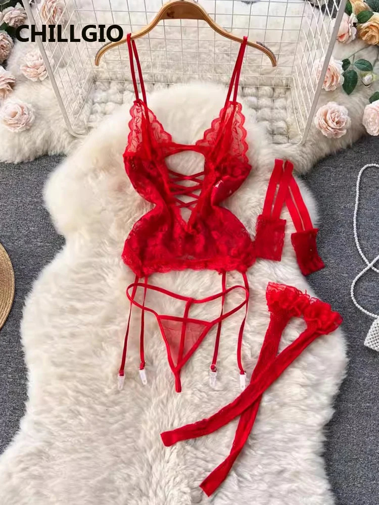 CHILLGIO Women Transparent Floral Lace Bra Brief Suit Fashion Tight Erotic Underwear 3 Piece Sexy Intimate Lingerie Stocking Set 241031