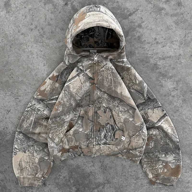 Y2K Retro zip up Hoodie Men Camouflage Pattern zipper Sweatshirt High Strt Hip Hop Strtwear Oversized Unisex Camo Hoodie X250227