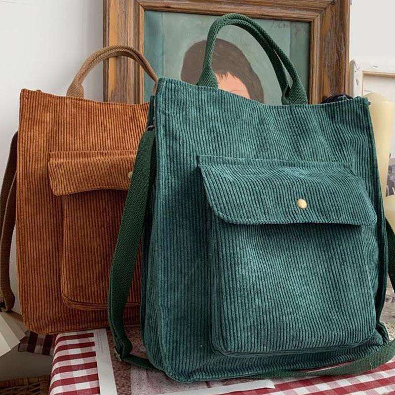 Women's Corduroy Tote Bag | Zippered Vintage Handbag for Shopping, Work, Travel