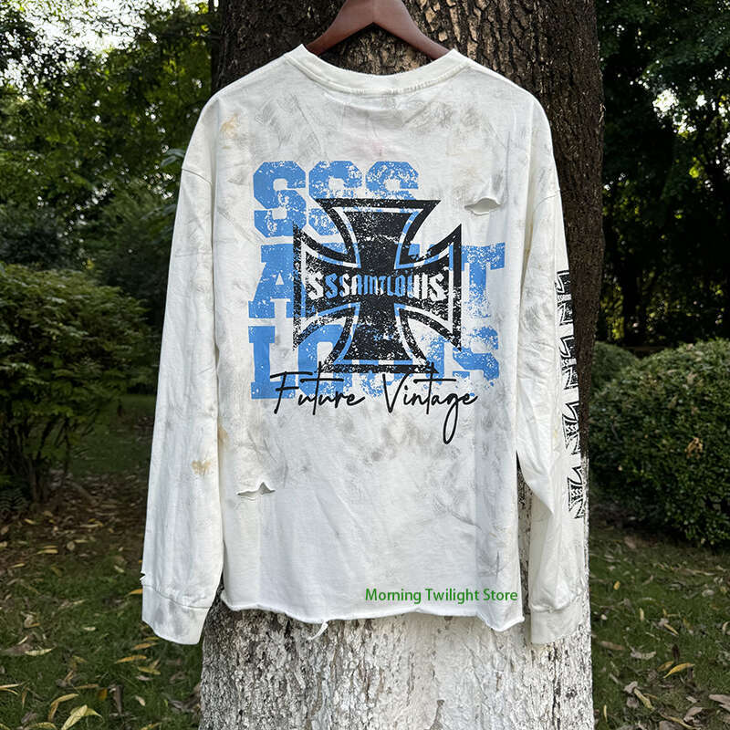 Saint O-Neck Cross Shape Vintage T Shirt Graffiti American Style High Street Casual Couple Autumn Tops