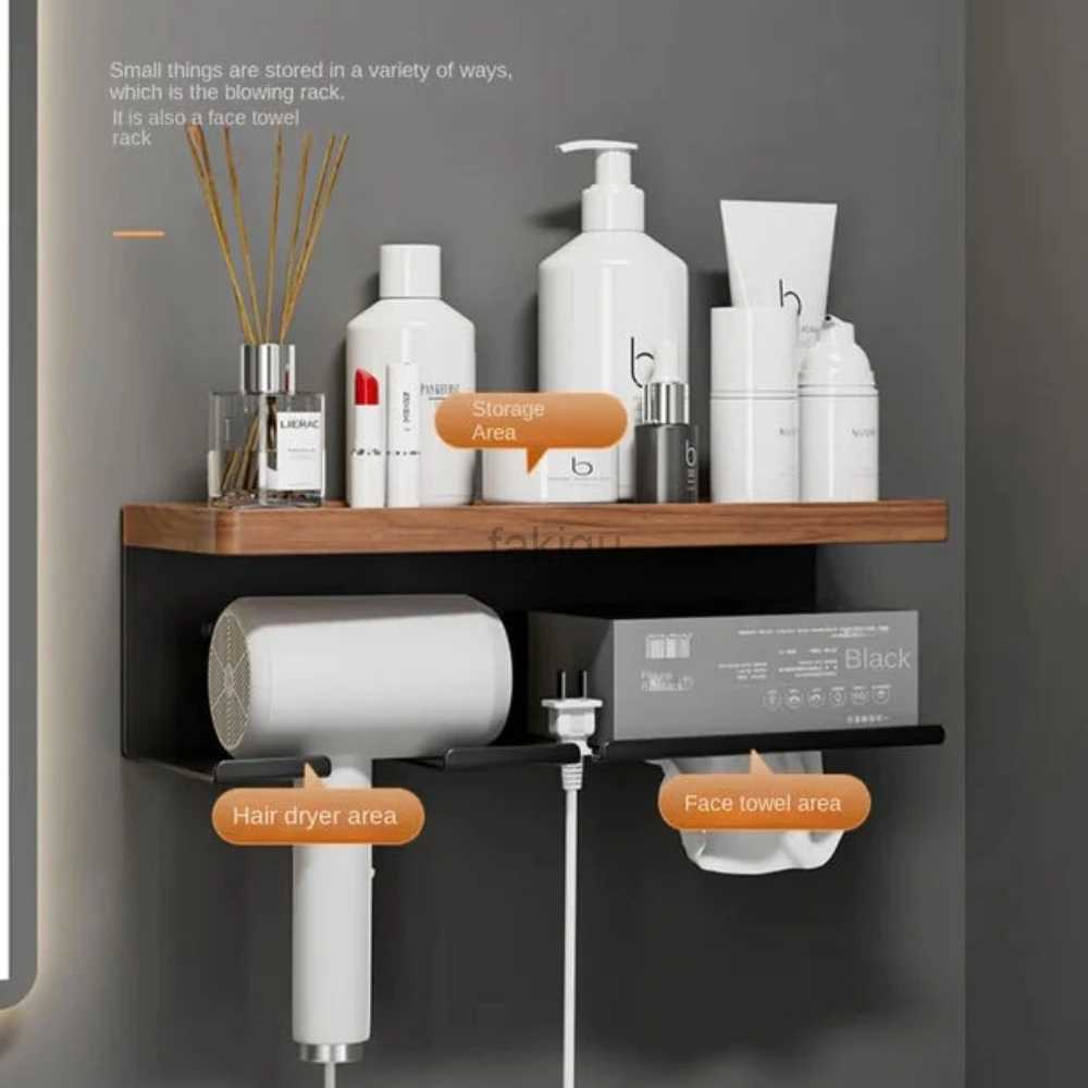 Hair Dryers Hair Dryer Holder Wall Mounted wall-mounted punch-free solid wood storage rack hair dryer rack bathroom hair dryer storage shelf 240401