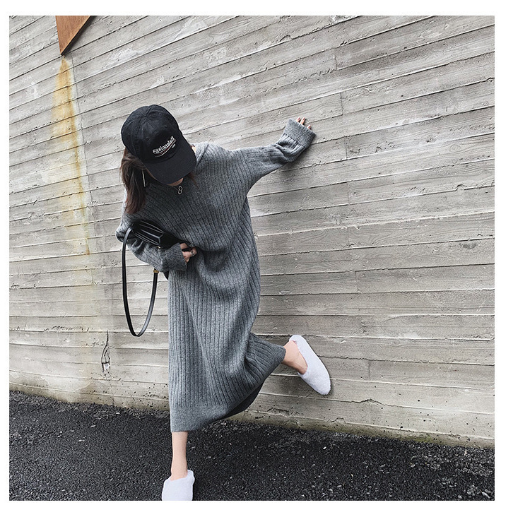 Long Over Knee Hooded Knitted Sweater Women Autumn Winter New Style Loose And Lazy Wind Driven Fur Dress Fashionable Base Dress For Women F1101#45