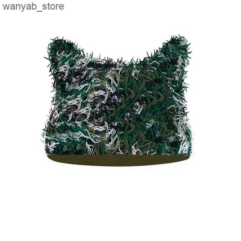 Wide Brim Hats Bucket Hats Hip Hop Distressed Knitted Caps Unisex Winter Y2k Cat Ears Little devil Beanies Outdoor Fuzzy Thick Warm Balaclava Hat L240