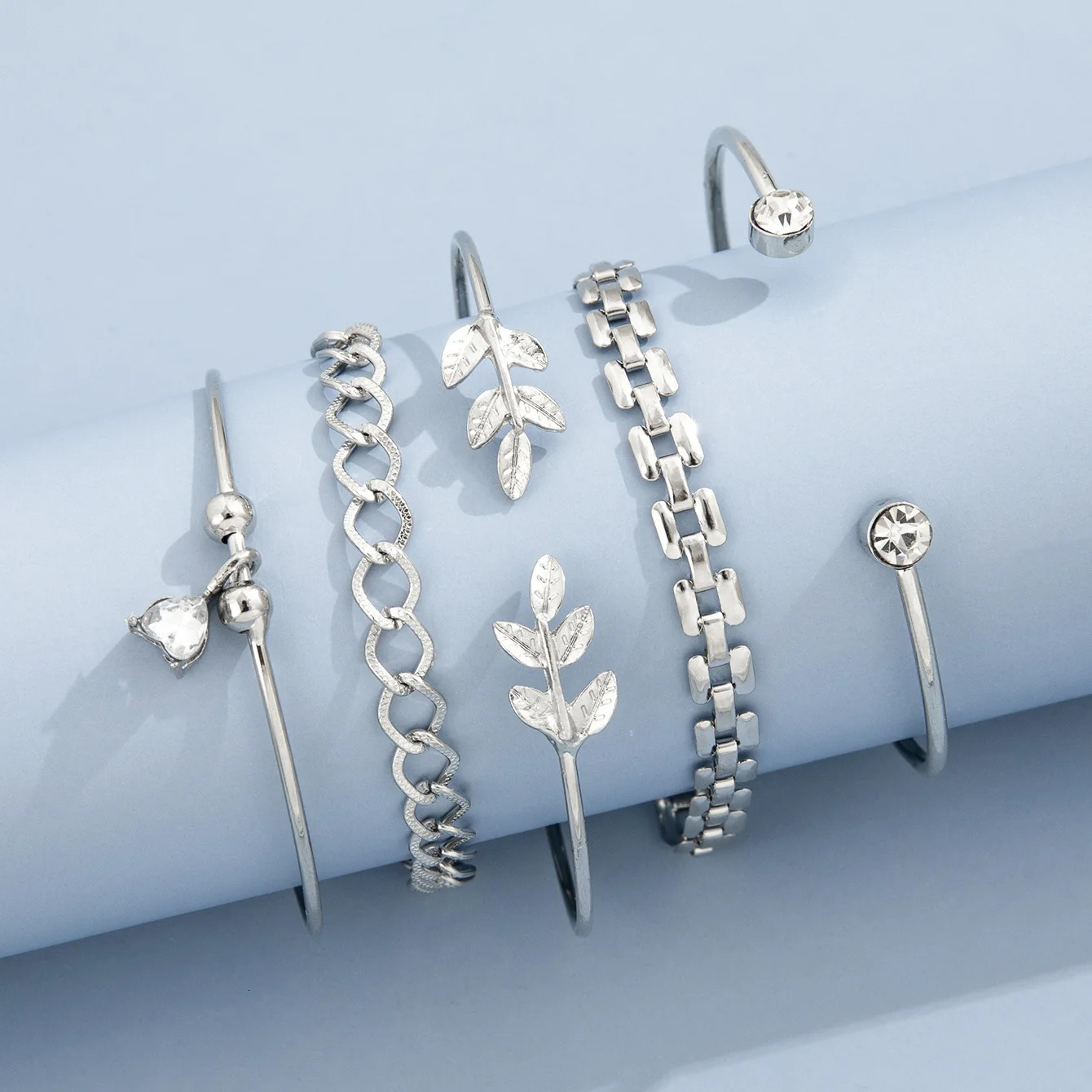 Bohemian Silver Color Geometric Link Chain Bracelet Set For Women Crystal Leaf Open Cuff Bangle Female Boho Jewelry Accessory 241031