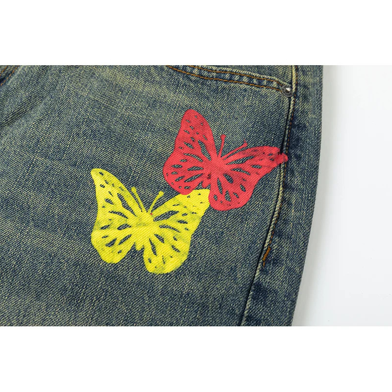 Autumn High end Retro Loose Straight Mens Jeans Personalized Butterfly Pattern for Men and Women 241031