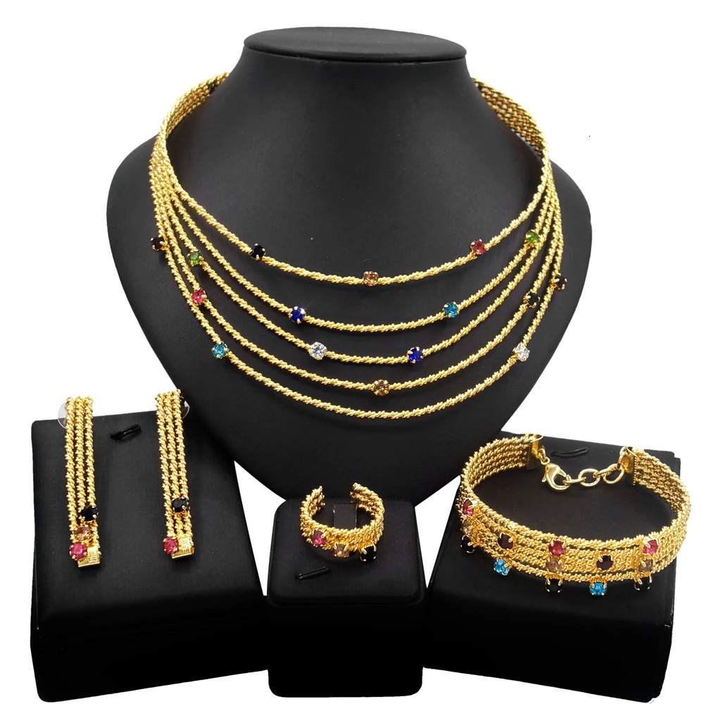 Womens jewelry set Brazilian gold necklace colorful artificial stone bracelet hollow n gift banquet jewelry 241031