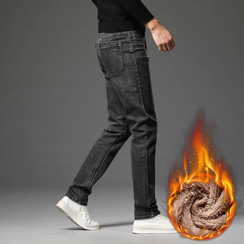 Classic Vintage Original Mens Winter Jeans Fleece Thick Warm Cotton Stretch Quality Clothing Fit Straight Nostalgic Denim Pants 241031