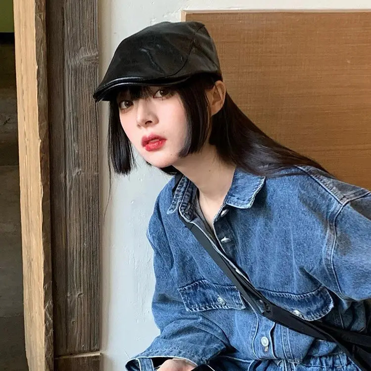 Leather Hat Black Beret Female Summer Personality Retro British Backward Forward Cap Autumn Winter Painter Outdoor Fashion M548 241031