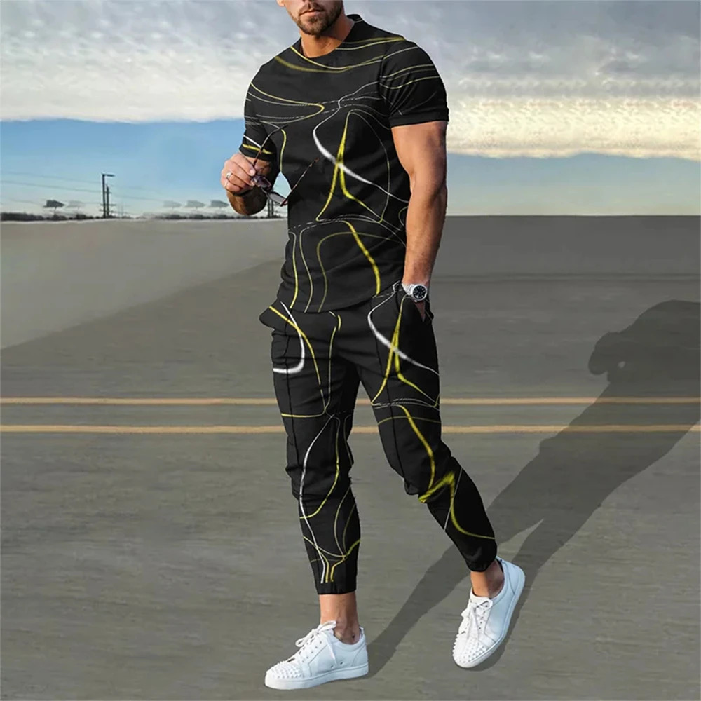 Men TShirt Tracksuit 2 Piece Set Short Sleeve Sportswear Suits Fashion Man Clothing Trousers Casual ONeck Tops Pant Streetwear 241031
