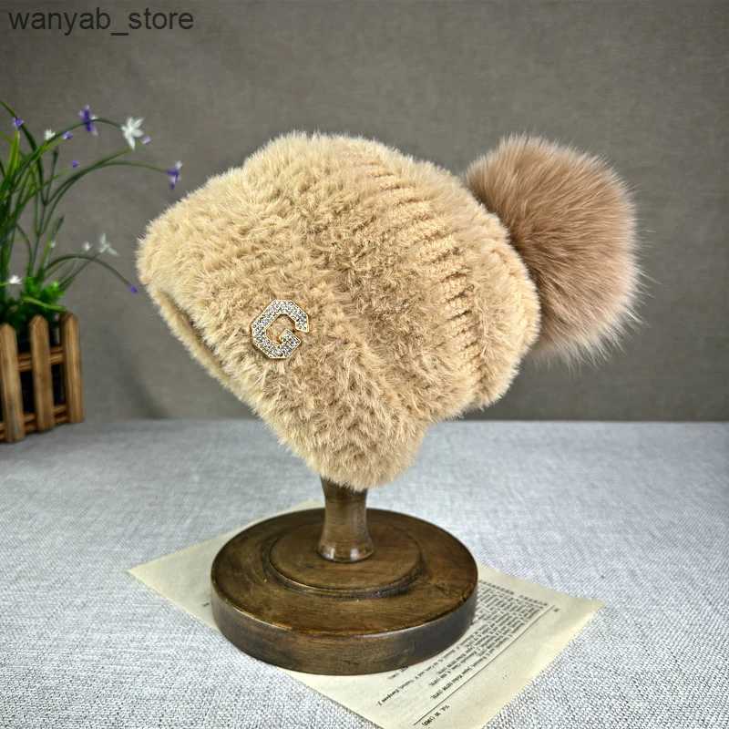 Wide Brim Hats Bucket Hats New plush and warm woolen hat for women versatile for autumn and winter fox fur ball knitted hat pile up ear protection hat