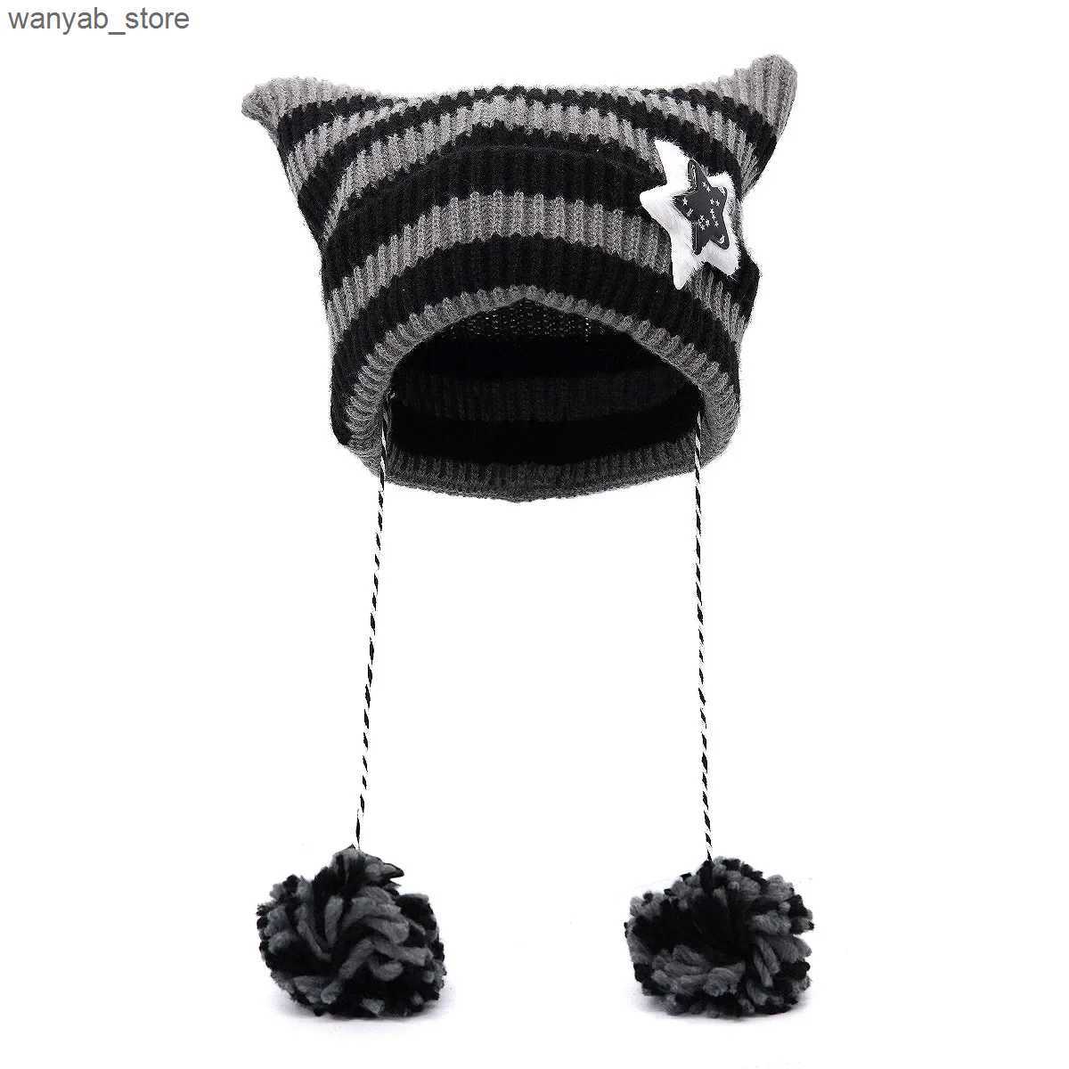 Wide Brim Hats Bucket Hats Japanese Y2K Cute Black White Striped Cat Ears Wool Hat Women Autumn Winter Warm Little Devil Hanging Ball Knitted Beanie H