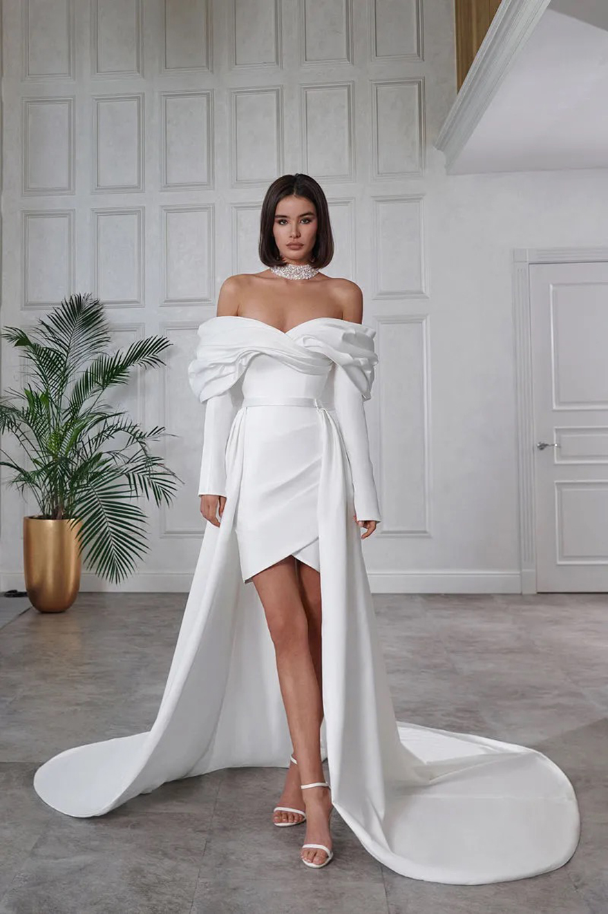Designer Sexy Off Shoulder Long Sleeved Sheath Wedding Dresses With Detachable Train Bridal Reception Party Dance Gowns Short Simple Bride Robes de Ma