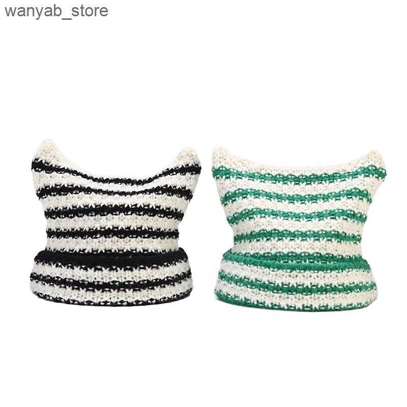 Wide Brim Hats Bucket Hats New Japanese Streetwear Harajuku Beanie Little Devil Striped Knitted Hat Women Girls Autumn Winter Cute Cat Ears Cap L24091