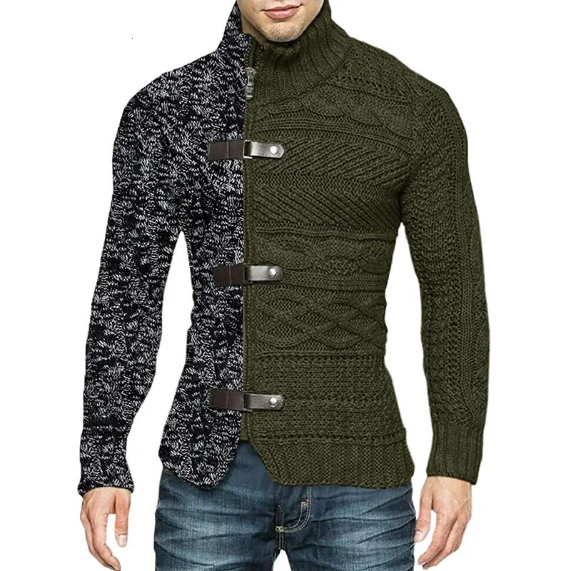 Autumn Winter Mens Sweatercoat Patchwork Turtleneck Cardigan Man Casual Knitted Slim Fit Long Sleeve Fashion Sweater Outerwear 241029