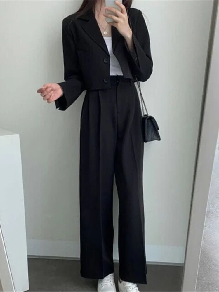 Pants Set Womens Casual Short Blazer Two Piece Sets Girl Outifits Pure Color Office Wear Fashion Pantsuit Spring Autumn 2024 241031