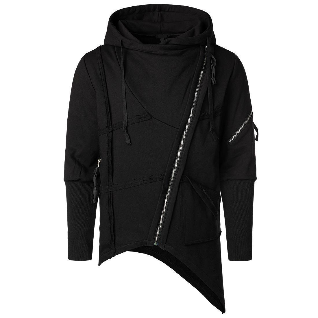 Men Hooded Sweatshirt Streetwear Fashion Hip Hop Black zip up hoodie Cloak Mantle japan Asymmetrical hem Long Hoodies boy 201113