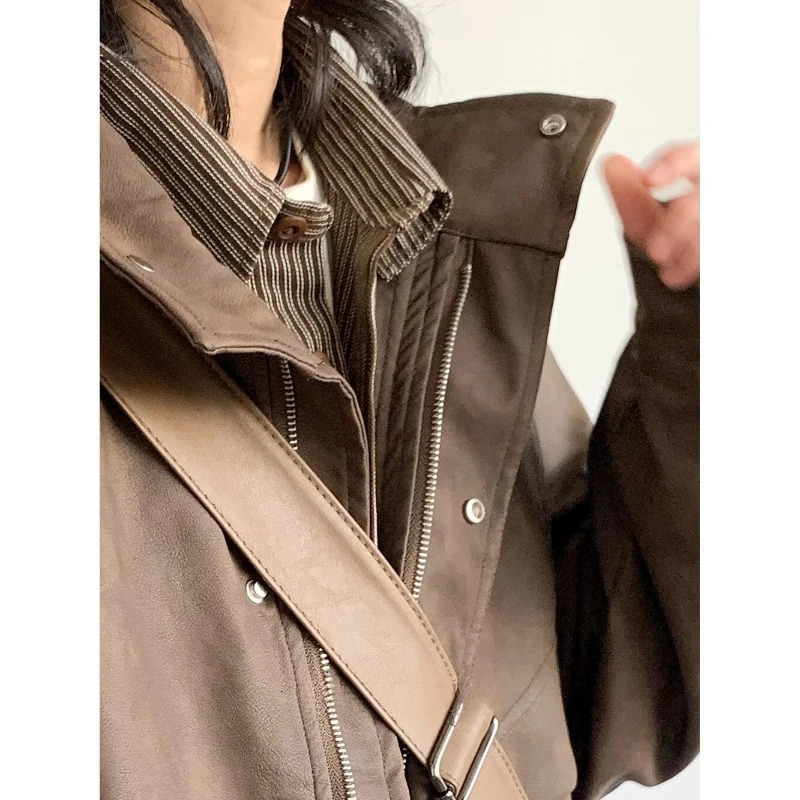 Retro motorcycle leather jacket mens stand up collar American fashion pilot jacket zipper loose profile short bomber jacket 241031