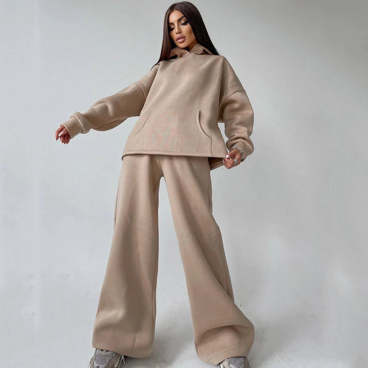 Autumn Hooded Pocket Sweatshirt Suit Womens Chic Streetwear Loose Wide Leg Pants Sweatshirts 2pcs Set Tracksuit Outfit 241029