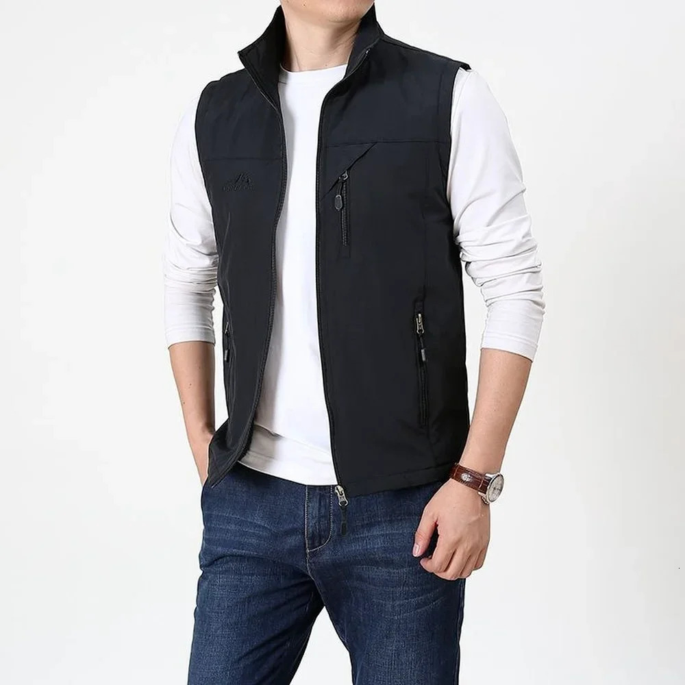Summer Thin Vest Jacket Men Outdoor Casual Clothes Lightweight Short Sleeve Vests Stand Collar Male Trekking Coat Traveling 241031