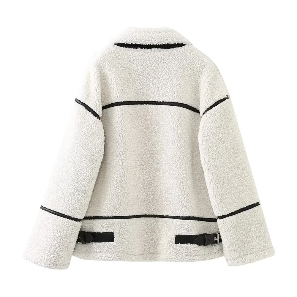 PB ZA 2023 Autumn Womens Wear European and American Style Casual Fur One Piece Lamb Wool Contrast Color Plush Warm Jacket C 241024