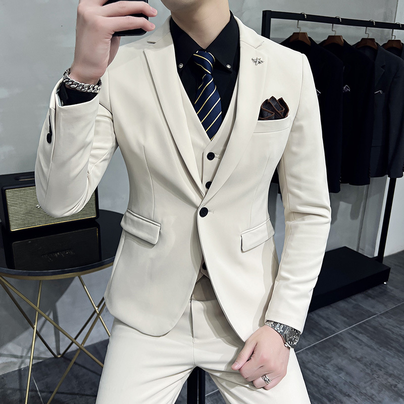 (Jacket Vest + Pants) High-End Brand Boutique Fashion Solid Color Office Mens Casual Business Suit Groom Wedding Gown