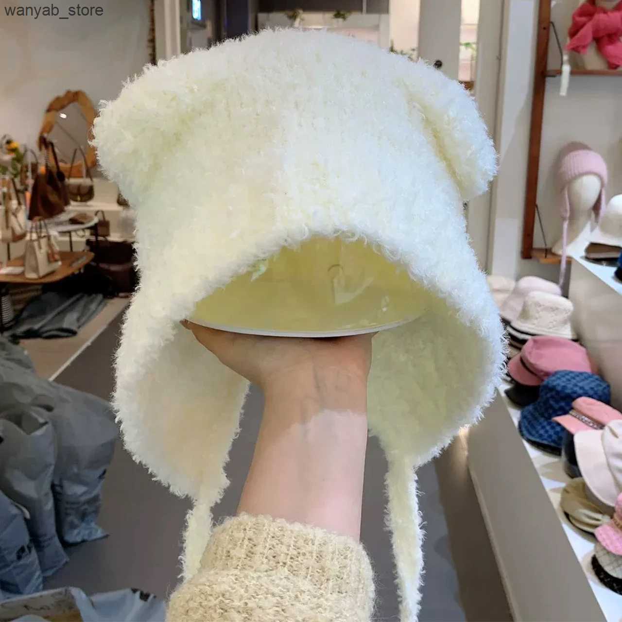 Wide Brim Hats Bucket Hats Cute Bear Ear Wool Hat Autumn and Winter Warm Versatile Lace-up Ear Protection Knitted Bomber Cap Bonnets for Women Gorros 