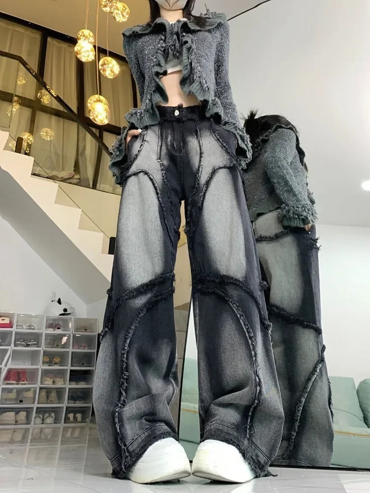 HOUZHOU Y2K Wide Leg Jeans Women Hip Hop Style Fashion Vintage Streetwear Black High Waist Jean Female Trouser Baggy Denim Pants 241031
