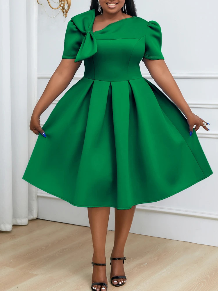 Women Prom Party Dress Bowtie Short Sleeve Pleated Fit and Flare Princess Elegant Formal Birthday Event Gowns Plus Size 240327