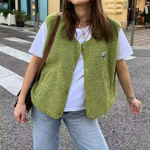 Women's Elegant Solid Lamb Wool Vest Cardigan Fashion Casual V-Neck Sleeveless Waistcoat 2024 Autumn Lady High Street Outerwear