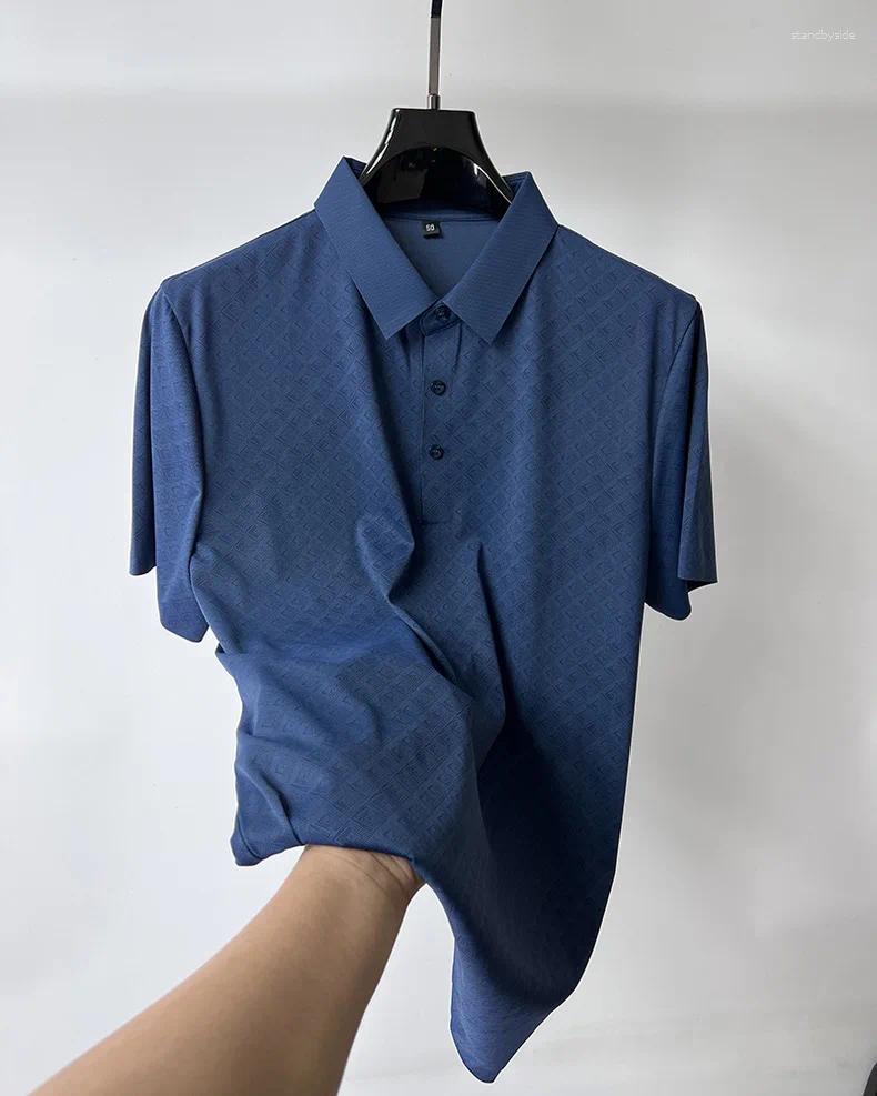 Men's Polos 2024 Summer High End Fashion Checker Printed Ice Silk Short Sleeved POLO Shirt Trendy Lapel Casual T-shirt Breathable Top