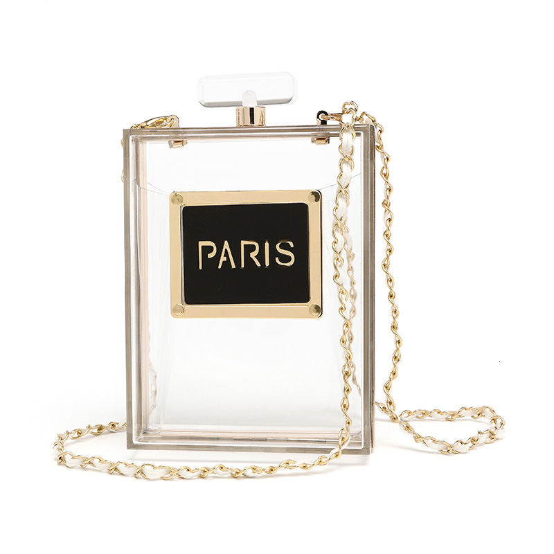 New designer transparent perfume bottle dinner handbag leather slanting body chain small square bag