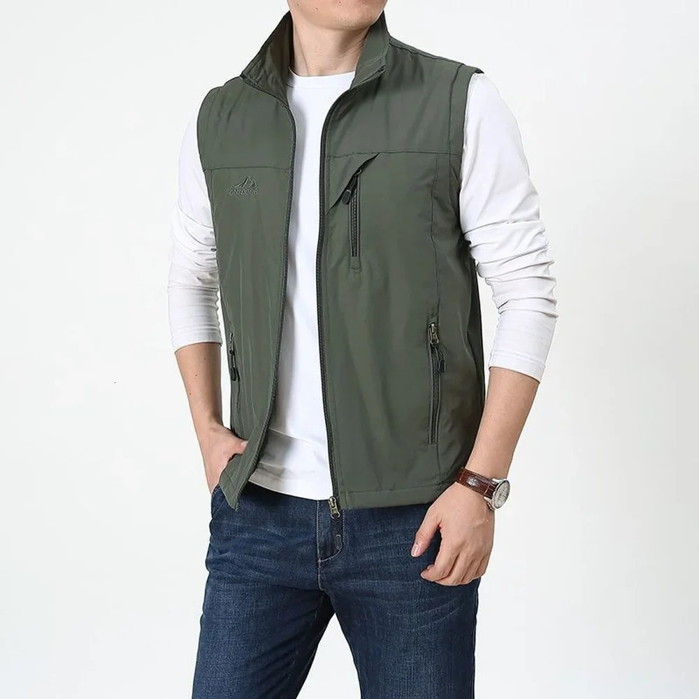 Summer Thin Vest Jacket Men Outdoor Casual Clothes Lightweight Short Sleeve Vests Stand Collar Male Trekking Coat Traveling 241031