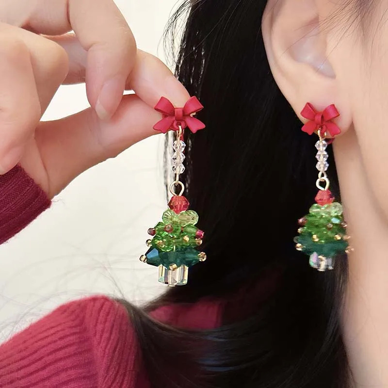 Christmas Tree Dangle Earrings for Women Exquisite Cute Red Bow Earring Shiny Ear Accessories Trendy Festival Jewelry 241031