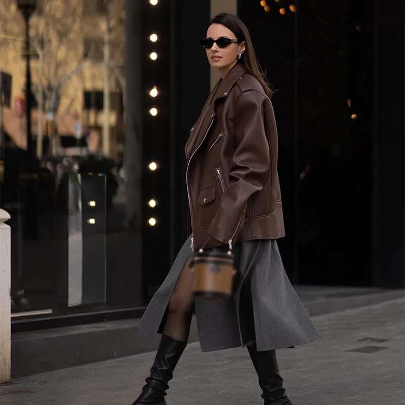 Designer Street PU Leather With Collar Long Sleeve Zipper Fashion Jacket, New Motorcycle Casual Loose Women's S M L XL 2Xl Jacket
