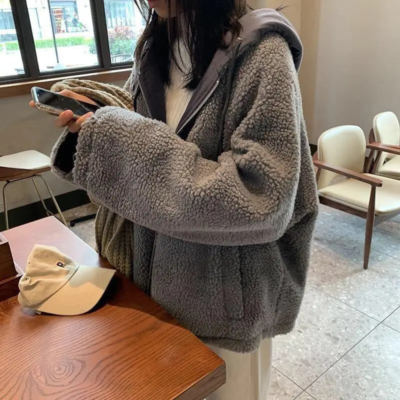 Autumn and Winter Soft Jacket Double sided Coat Womens Hooded Thick Coat Womens Warm Long Sleeve Top Parkas coat women 241031