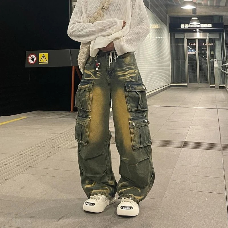 Y2k Hip Hop Retro Streetwear Mens Jeans Distressed Faded Washed Oversized Pockets Loose Cargo Pants High Street Wide Leg Pants 241031